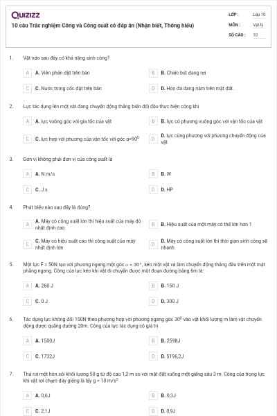 10 câu Trắc nghiệm Công và Công suất có đáp án (Nhận biết, Thông hiểu)