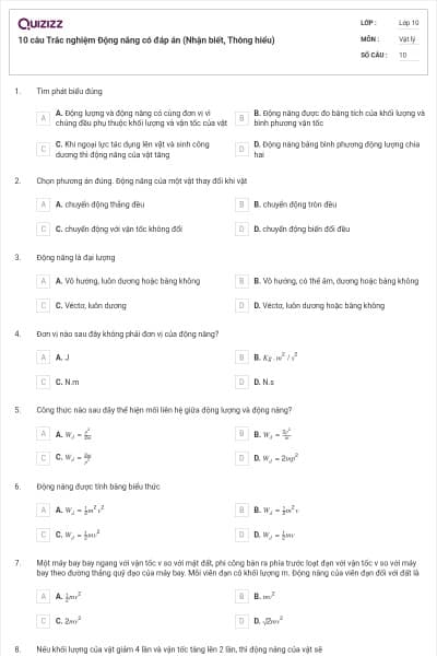 10 câu  Trắc nghiệm Động năng có đáp án (Nhận biết, Thông hiểu)