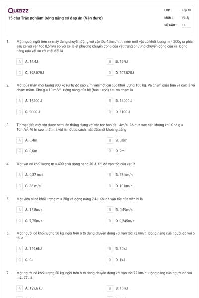 15 câu Trắc nghiệm Động năng có đáp án (Vận dụng)