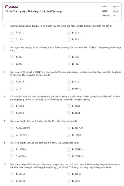 10 câu  Trắc nghiệm Thế năng có đáp án (Vận dụng)
