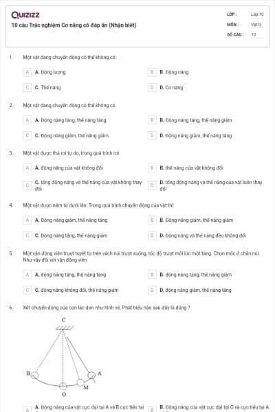 10 câu  Trắc nghiệm Cơ năng có đáp án (Nhận biết)