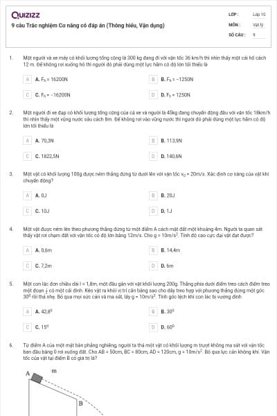 9 câu  Trắc nghiệm Cơ năng có đáp án (Thông hiểu, Vận dụng)