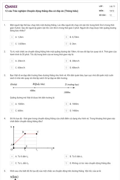 12 câu Trắc nghiệm Chuyển động thẳng đều có đáp án (Thông hiểu)