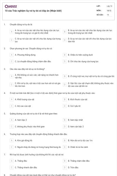 10 câu Trắc nghiệm Sự rơi tự do có đáp án (Nhận biết)