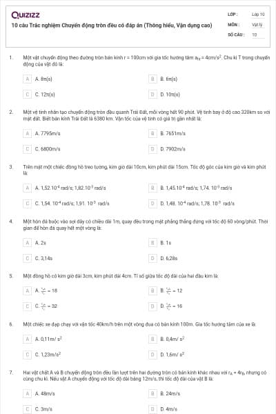 10 câu Trắc nghiệm Chuyển động tròn đều có đáp án (Thông hiểu, Vận dụng cao)