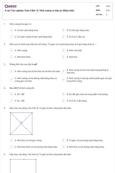 8 câu Trắc nghiệm Toán 8 Bài 12: Hình vuông có đáp án (Nhận biết)