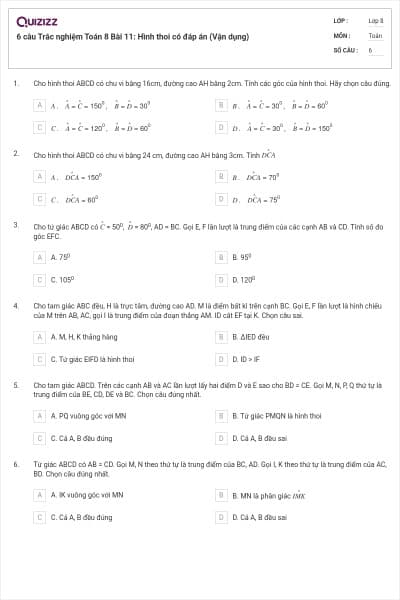 6 câu Trắc nghiệm Toán 8 Bài 11: Hình thoi có đáp án (Vận dụng)
