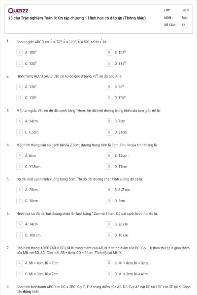 13 câu Trắc nghiệm Toán 8: Ôn tập chương 1 Hình học có đáp án (Thông hiểu)