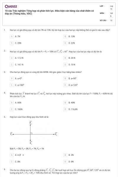 10 câu Trắc nghiệm Tổng hợp và phân tích lực. Điều kiện cân bằng của chất điểm có đáp án (Thông hiểu, VDC)