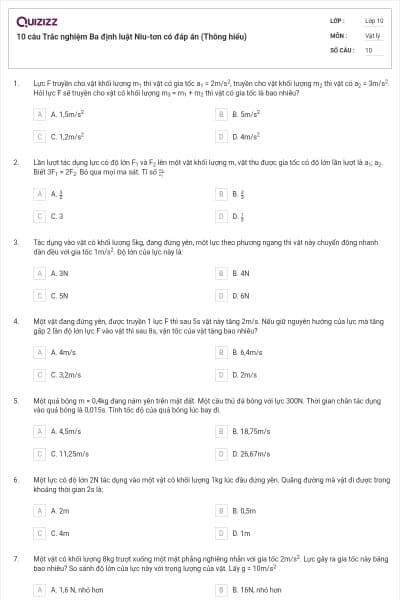 10 câu Trắc nghiệm Ba định luật Niu-tơn có đáp án (Thông hiểu)