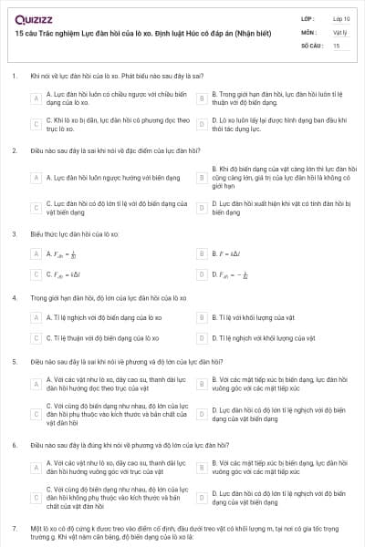 15 câu  Trắc nghiệm Lực đàn hồi của lò xo. Định luật Húc có đáp án (Nhận biết)