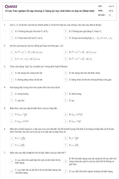 10 câu Trắc nghiệm Ôn tập chương 2: Động lực học chất điểm có đáp án (Nhận biết)