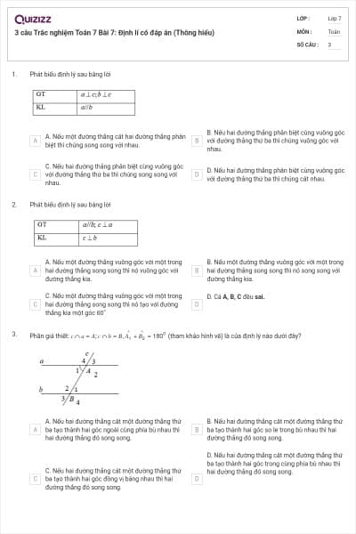 3 câu Trắc nghiệm Toán 7 Bài 7: Định lí có đáp án (Thông hiểu)