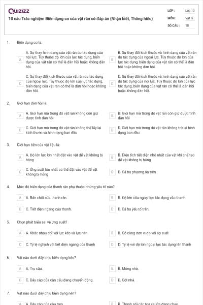 10 câu  Trắc nghiệm Biến dạng cơ của vật rắn có đáp án (Nhận biết, Thông hiểu)
