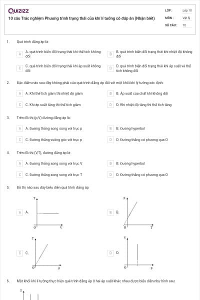 10 câu  Trắc nghiệm Phương trình trạng thái của khí lí tưởng có đáp án (Nhận biết)