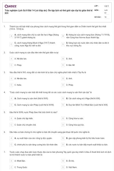 Trắc nghiệm Lịch Sử 8 Bài 14 (có đáp án): Ôn tập lịch sử thế giới cận đại từ giữa thế kỉ XVI