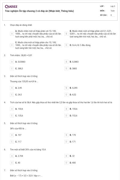 Trắc nghiệm Ôn tập chương 2 có đáp án (Nhận biết, Thông hiểu)
