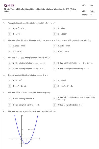30 câu Trắc nghiệm Sự đồng biến, nghịch biến của hàm số có đáp án (P2) (Thông hiểu)