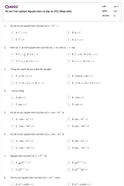 48 câu Trắc nghiệm Nguyên hàm có đáp án (P2) (Nhận biết)