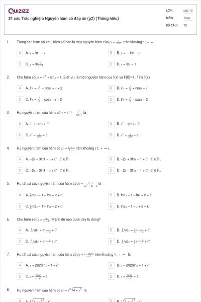 31 câu Trắc nghiệm Nguyên hàm có đáp án (p2) (Thông hiểu)