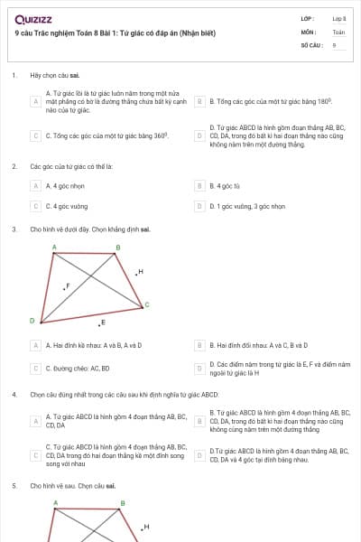 9 câu Trắc nghiệm Toán 8 Bài 1: Tứ giác có đáp án (Nhận biết)