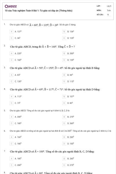 10 câu Trắc nghiệm Toán 8 Bài 1: Tứ giác có đáp án (Thông hiểu)