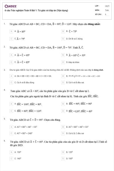 6 câu Trắc nghiệm Toán 8 Bài 1: Tứ giác có đáp án (Vận dụng)
