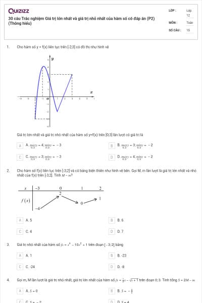 30 câu Trắc nghiệm Giá trị lớn nhất và giá trị nhỏ nhất của hàm số có đáp án (P2) (Thông hiểu)