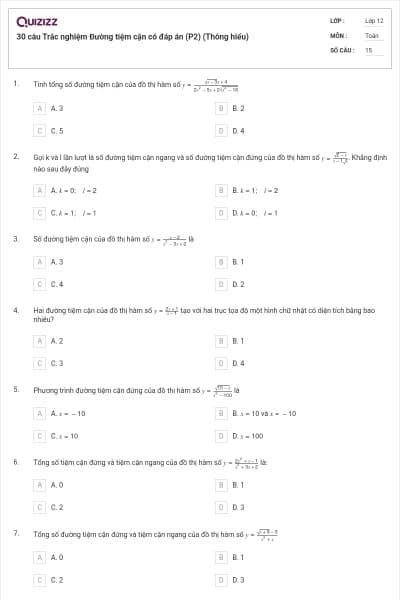 30 câu Trắc nghiệm Đường tiệm cận có đáp án (P2) (Thông hiểu)