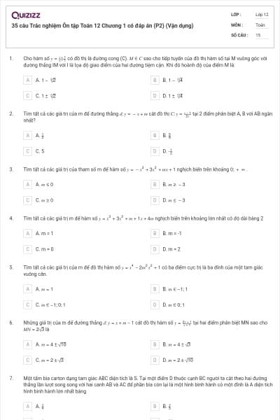 35 câu  Trắc nghiệm Ôn tập Toán 12 Chương 1 có đáp án (P2) (Vận dụng)