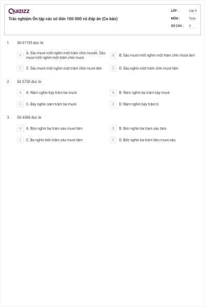 Trắc nghiệm Ôn tập các số đến 100 000 có đáp án (Cơ bản)