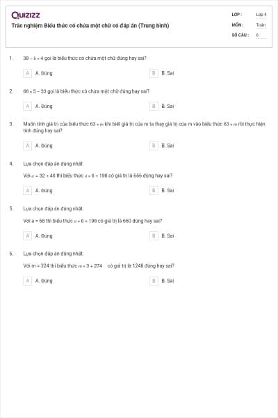 Trắc nghiệm Biểu thức có chứa một chữ có đáp án (Trung bình)