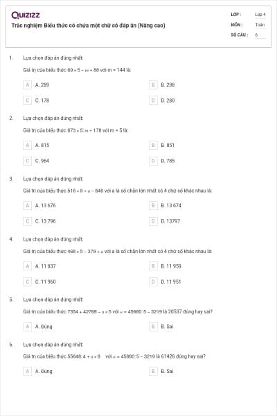 Trắc nghiệm Biểu thức có chứa một chữ có đáp án (Nâng cao)