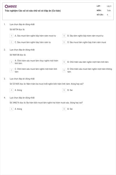 Trắc nghiệm Các số có sáu chữ số có đáp án (Cơ bản)