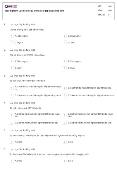 Trắc nghiệm Các số có sáu chữ số có đáp án (Trung bình)