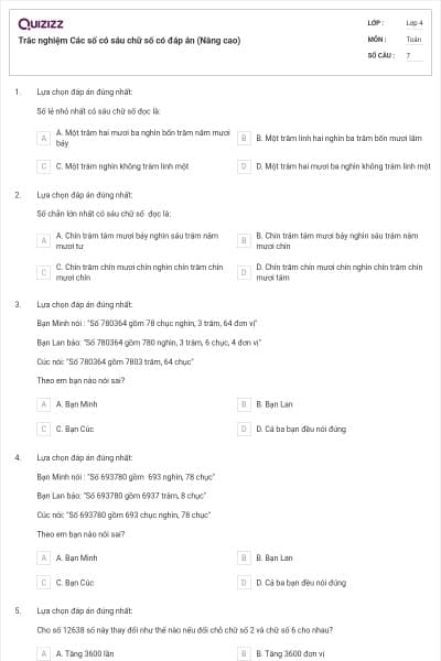Trắc nghiệm Các số có sáu chữ số có đáp án (Nâng cao)