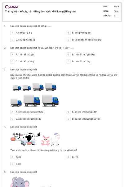 Trắc nghiệm Yến, tạ, tấn - Bảng đơn vị đo khối lượng (Nâng cao)