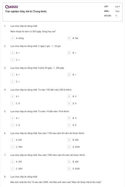 Trắc nghiệm Giây, thế kỉ (Trung bình)
