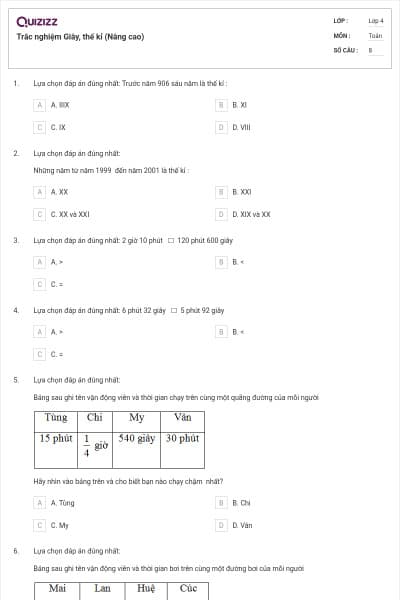 Trắc nghiệm Giây, thế kỉ (Nâng cao)
