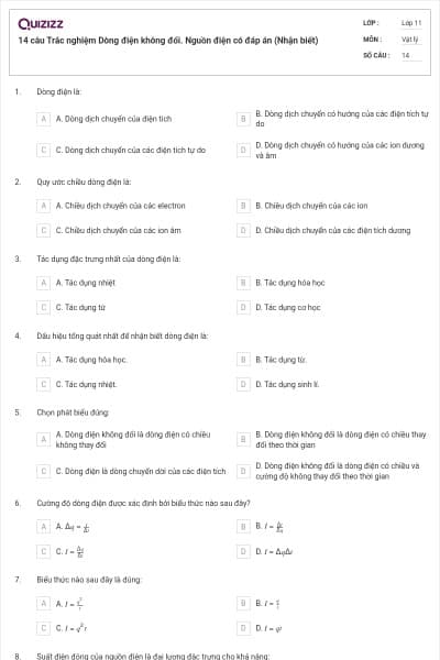 14 câu  Trắc nghiệm Dòng điện không đổi. Nguồn điện có đáp án (Nhận biết)