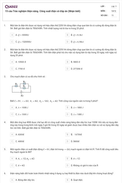 15 câu  Trắc nghiệm Điện năng. Công suất điện có đáp án (Nhận biết)