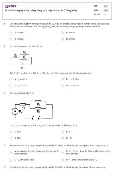10 câu  Trắc nghiệm Điện năng. Công suất điện có đáp án (Thông hiểu)