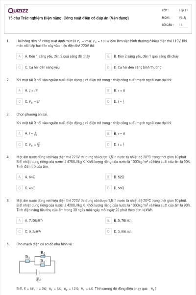 15 câu  Trắc nghiệm Điện năng. Công suất điện có đáp án (Vận dụng)