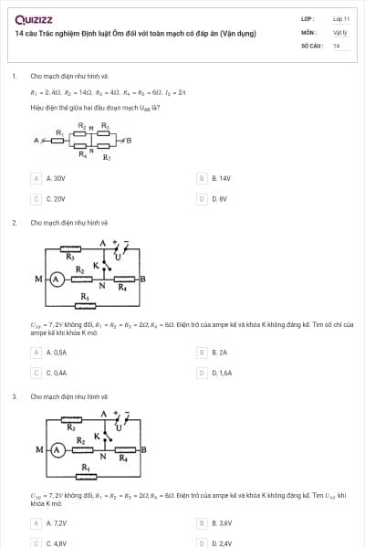 14 câu  Trắc nghiệm Định luật Ôm đối với toàn mạch có đáp án (Vận dụng)