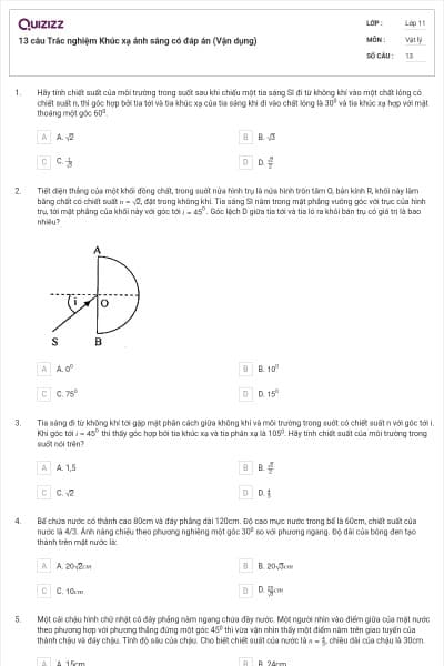 13 câu Trắc nghiệm Khúc xạ ánh sáng có đáp án (Vận dụng)