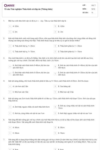 15 câu  Trắc nghiệm Thấu kính có đáp án (Thông hiểu)