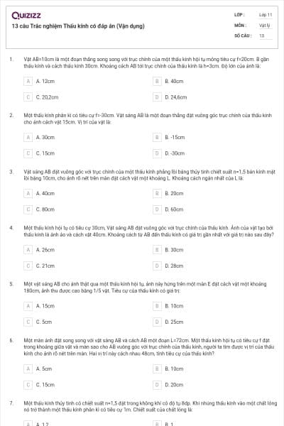 13 câu Trắc nghiệm Thấu kính có đáp án (Vận dụng)