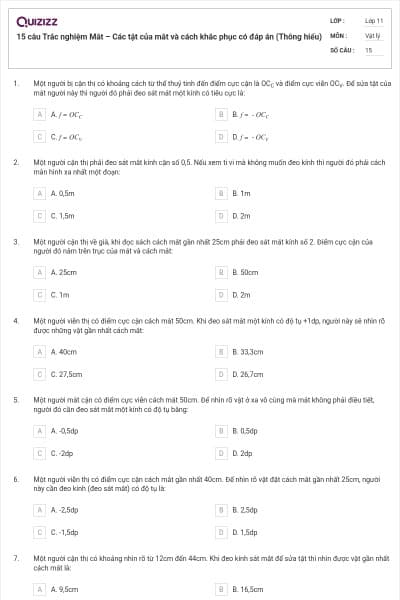 15 câu  Trắc nghiệm Mắt – Các tật của mắt và cách khắc phục có đáp án (Thông hiểu)