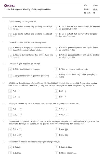11 câu  Trắc nghiệm Kính lúp có đáp án (Nhận biết)