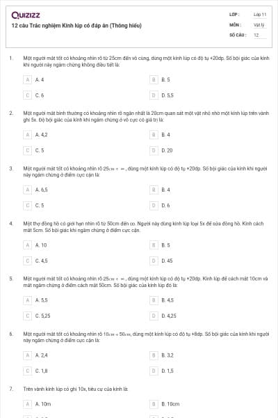 12 câu  Trắc nghiệm Kính lúp có đáp án (Thông hiểu)